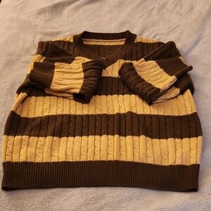 DAZY Striped Cable Knit V-Neck Sweater in Brown & Tan Women's L